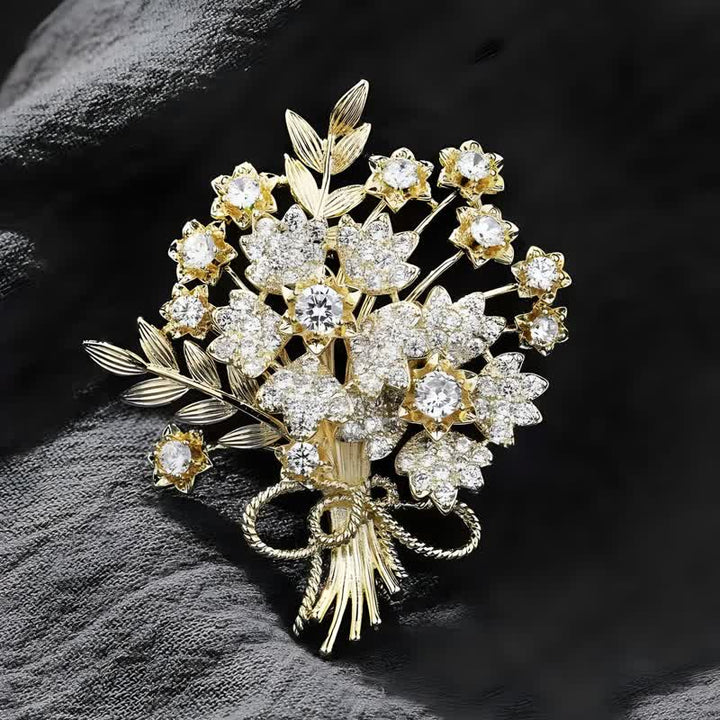 Women's Gold Rhinestones Bridal Flower Bouquet Brooch