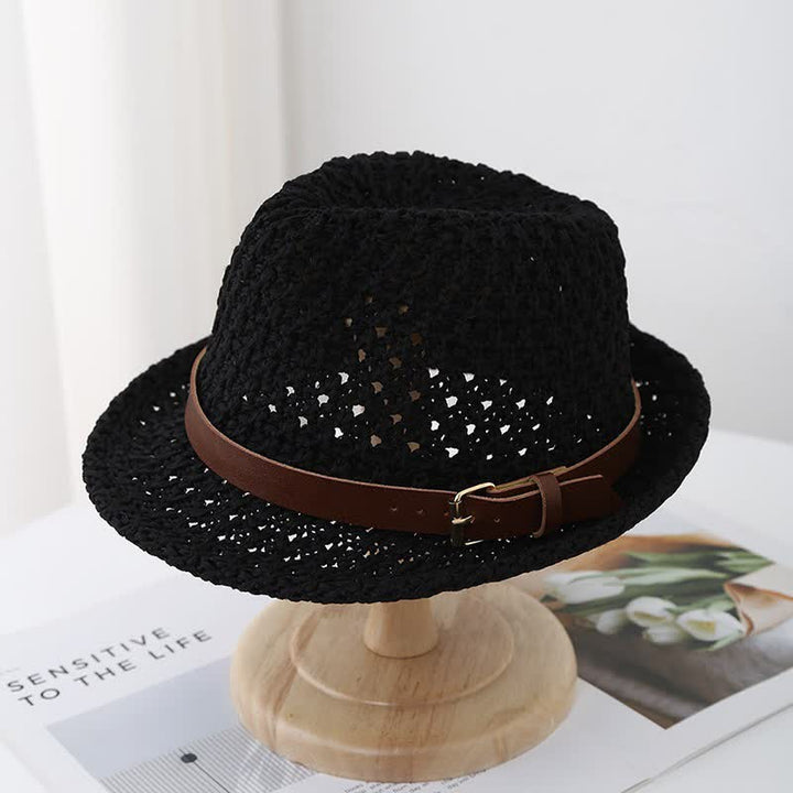 Men's Classic British-style Leather Strap Straw Fedora Hat