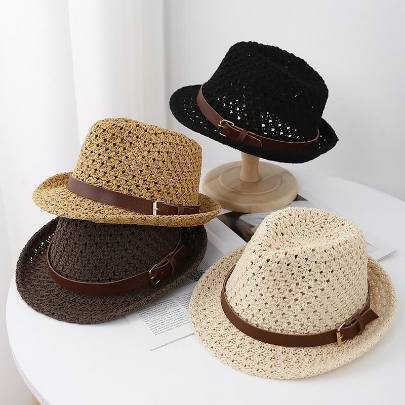 Men's Classic British-style Leather Strap Straw Fedora Hat