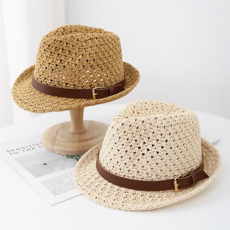 Men's Classic British-style Leather Strap Straw Fedora Hat