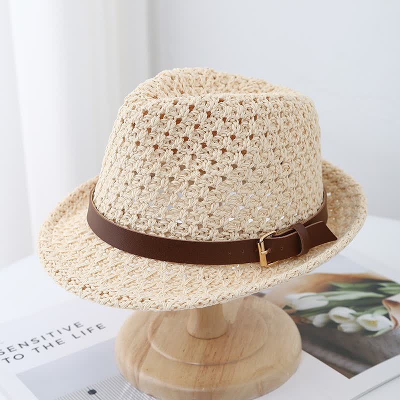Men's Classic British-style Leather Strap Straw Fedora Hat - Ivory - M (22"-22 7/8") - image 0