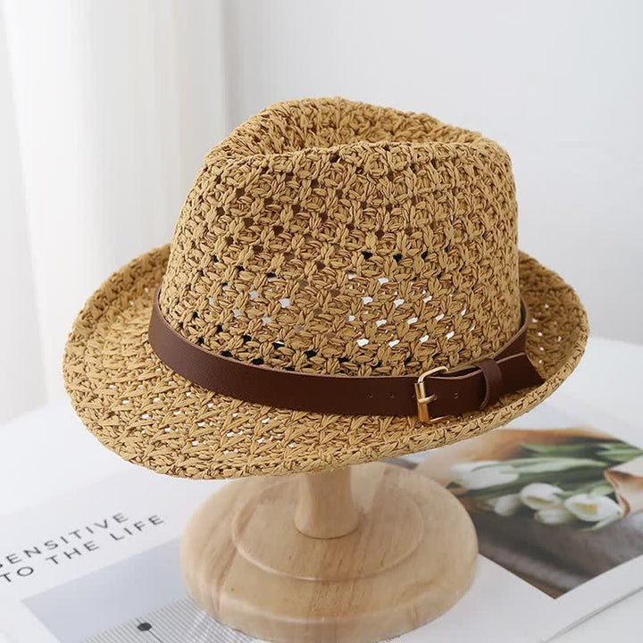 Men's Classic British-style Leather Strap Straw Fedora Hat - Khaki - M (22"-22 7/8") - image 5