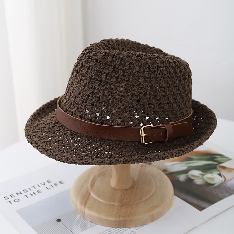 Men's Classic British-style Leather Strap Straw Fedora Hat - Coffee - M (22"-22 7/8") - image 7