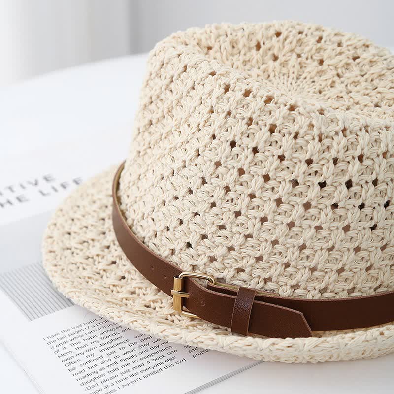 Men's Classic British-style Leather Strap Straw Fedora Hat - image 2