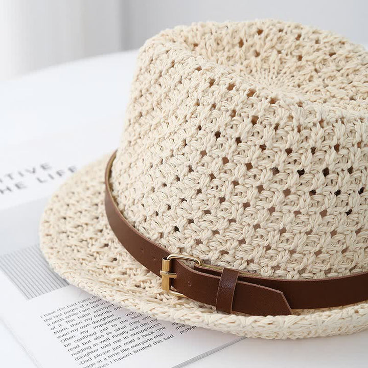 Men's Classic British-style Leather Strap Straw Fedora Hat