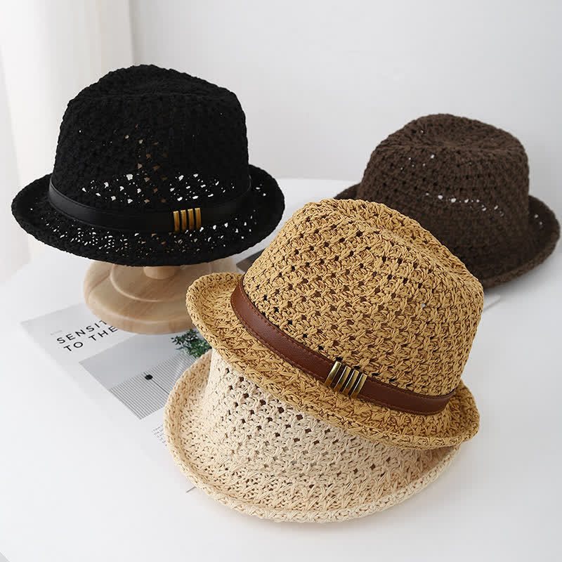 Men's Foldable Leather Strap Hollow Summer Straw Fedora Hat