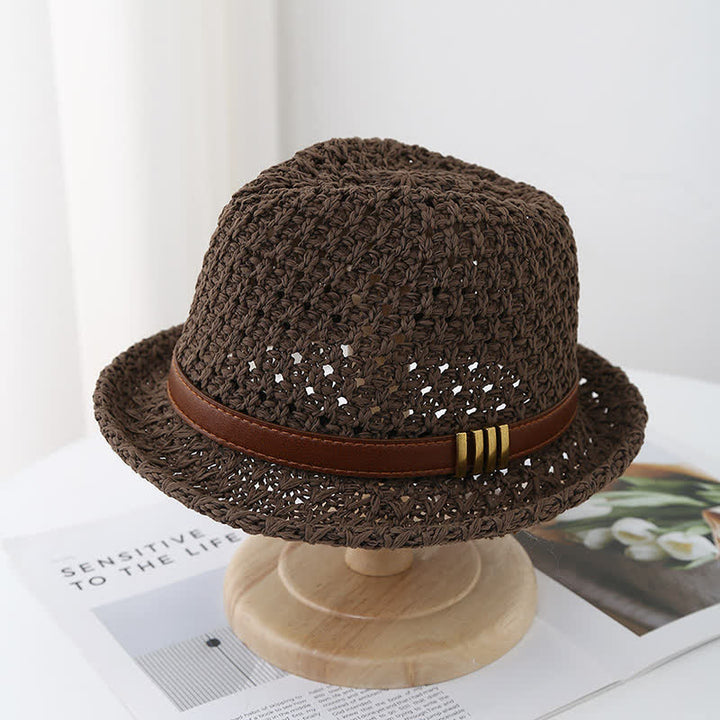 Men's Foldable Leather Strap Hollow Summer Straw Fedora Hat - Coffee - M (22"-22 7/8") - image 8