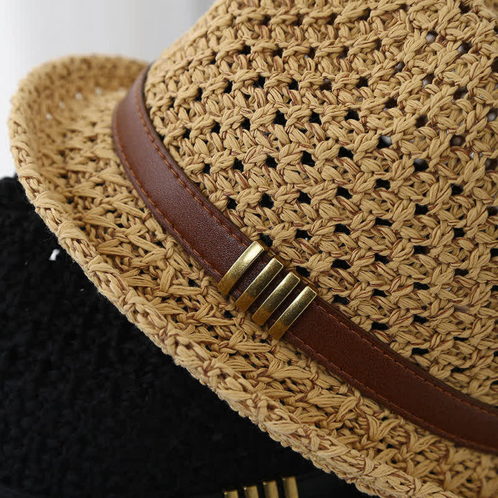 Men's Foldable Leather Strap Hollow Summer Straw Fedora Hat