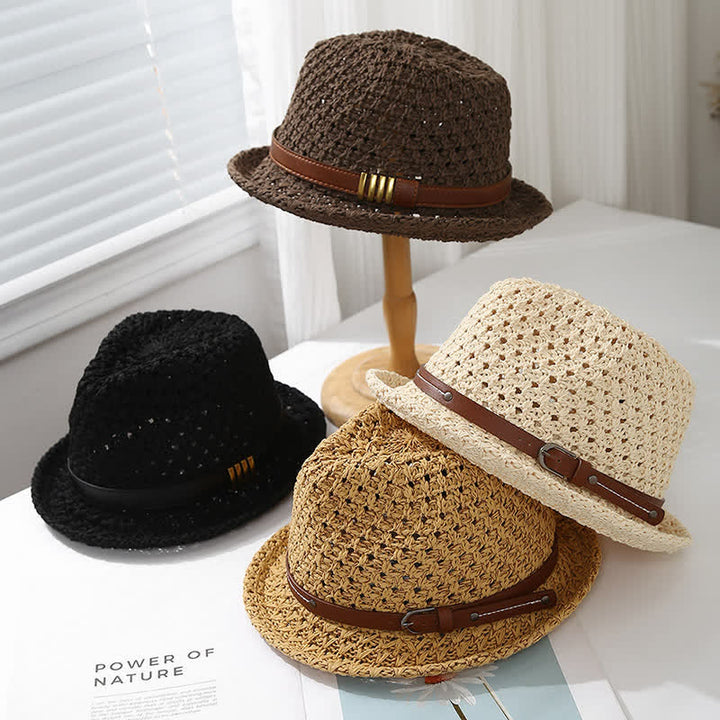 Men's Foldable Leather Strap Hollow Summer Straw Fedora Hat