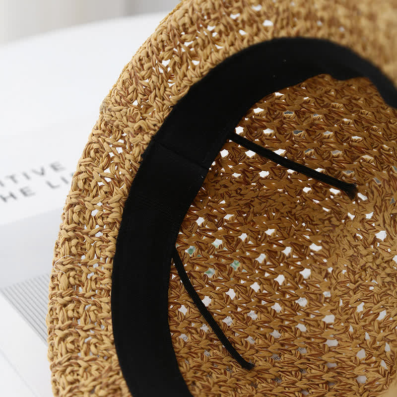 Men's Foldable Leather Strap Hollow Summer Straw Fedora Hat