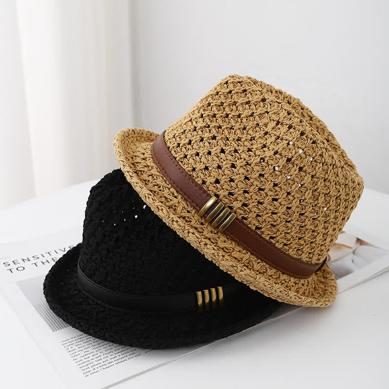 Men's Foldable Leather Strap Hollow Summer Straw Fedora Hat
