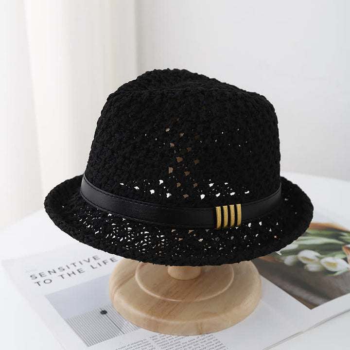 Men's Foldable Leather Strap Hollow Summer Straw Fedora Hat - Black - M (22"-22 7/8") - image 7