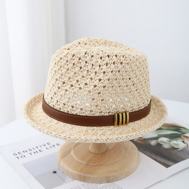 Men's Foldable Leather Strap Hollow Summer Straw Fedora Hat