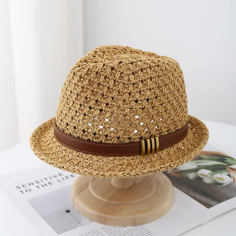 Men's Foldable Leather Strap Hollow Summer Straw Fedora Hat - Khaki - M (22"-22 7/8") - image 0
