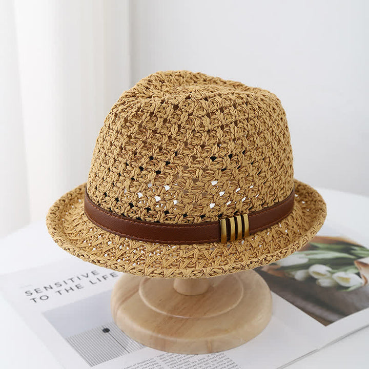 Men's Foldable Leather Strap Hollow Summer Straw Fedora Hat - Khaki - M (22"-22 7/8") - image 0
