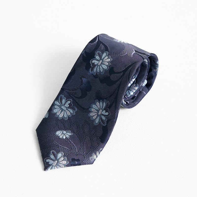 Men's Graceful Little Daisy Floral Printed Design Necktie - Navy - image 0