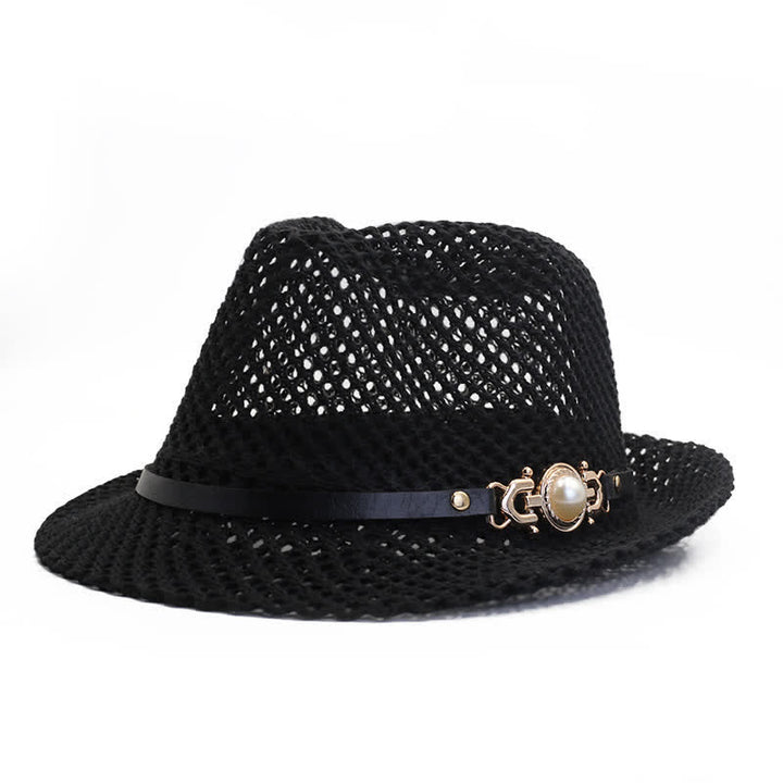 Men's Knitted Mesh Breathable Panama Fedora Hat - Black - Adjustable (21 5/8"-23 1/4") - image 1