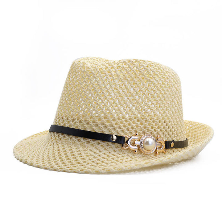 Men's Knitted Mesh Breathable Panama Fedora Hat - Ivory - Adjustable (21 5/8"-23 1/4") - image 3