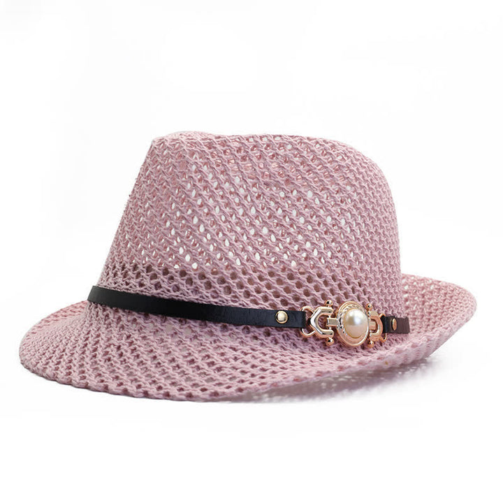 Men's Knitted Mesh Breathable Panama Fedora Hat - Pink - Adjustable (21 5/8"-23 1/4") - image 2