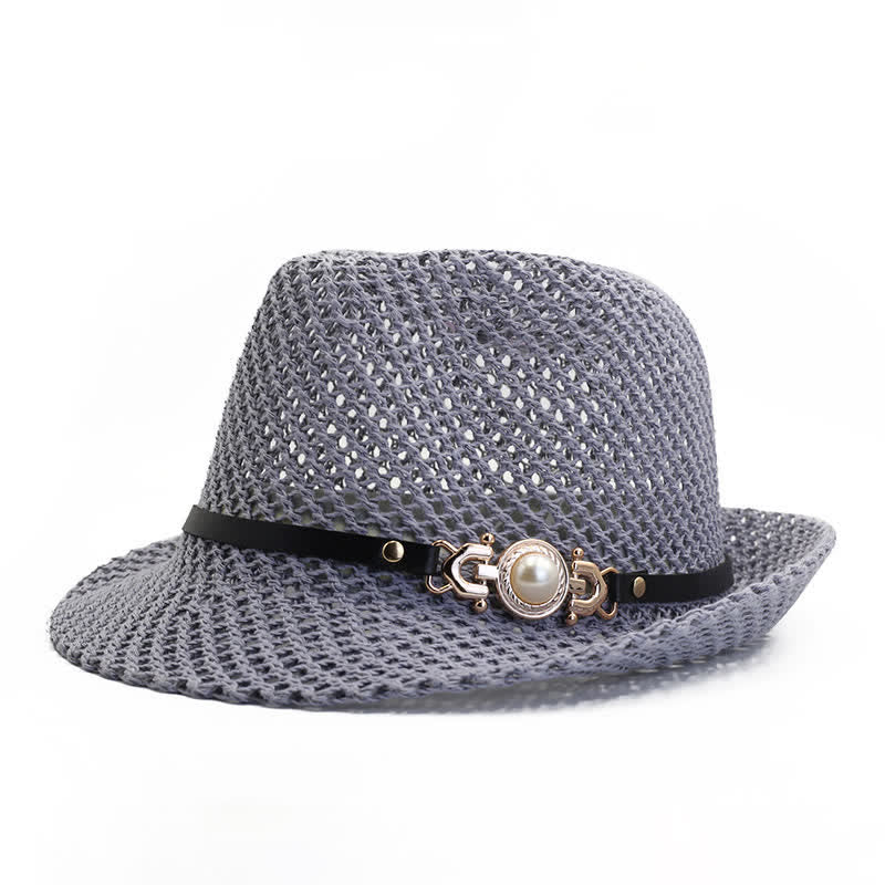 Men's Knitted Mesh Breathable Panama Fedora Hat - Gray - Adjustable (21 5/8"-23 1/4") - image 5