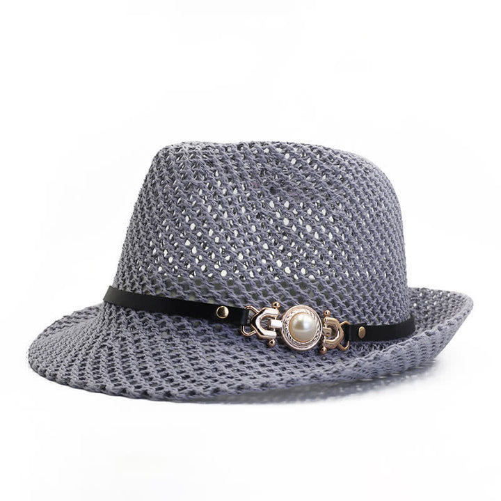 Men's Knitted Mesh Breathable Panama Fedora Hat - Gray - Adjustable (21 5/8"-23 1/4") - image 5