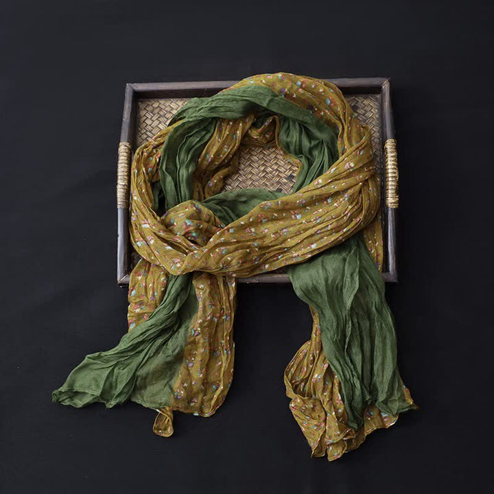 Women's Floral Color Patchwork Cotton Linen Thin Scarf - Yellow & Green - image 0