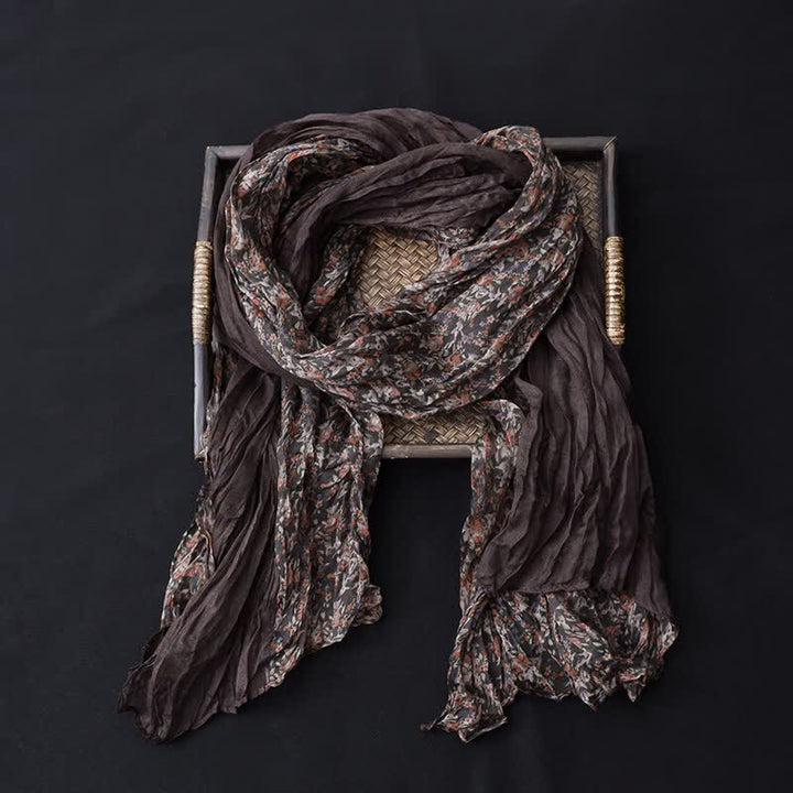 Women's Floral Color Patchwork Cotton Linen Thin Scarf - Coffee - image 1