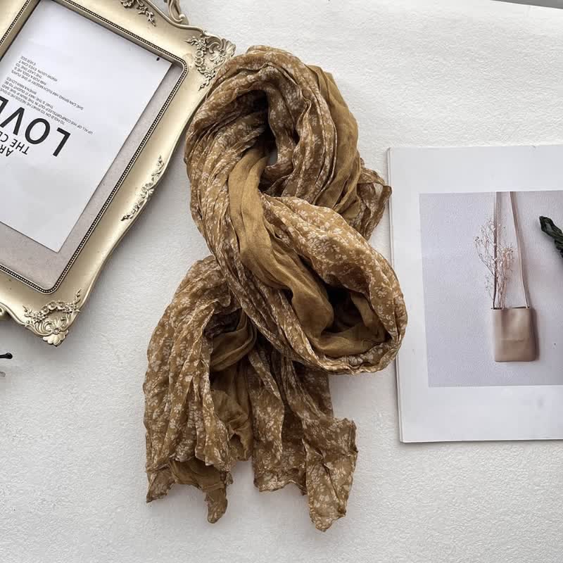 Women's Artistic Floral Pleats Cotton Linen Thin Scarf - Yellow - image 5