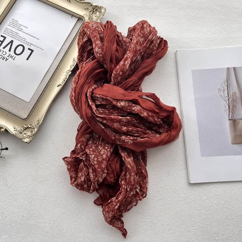 Women's Artistic Floral Pleats Cotton Linen Thin Scarf - Red - image 6