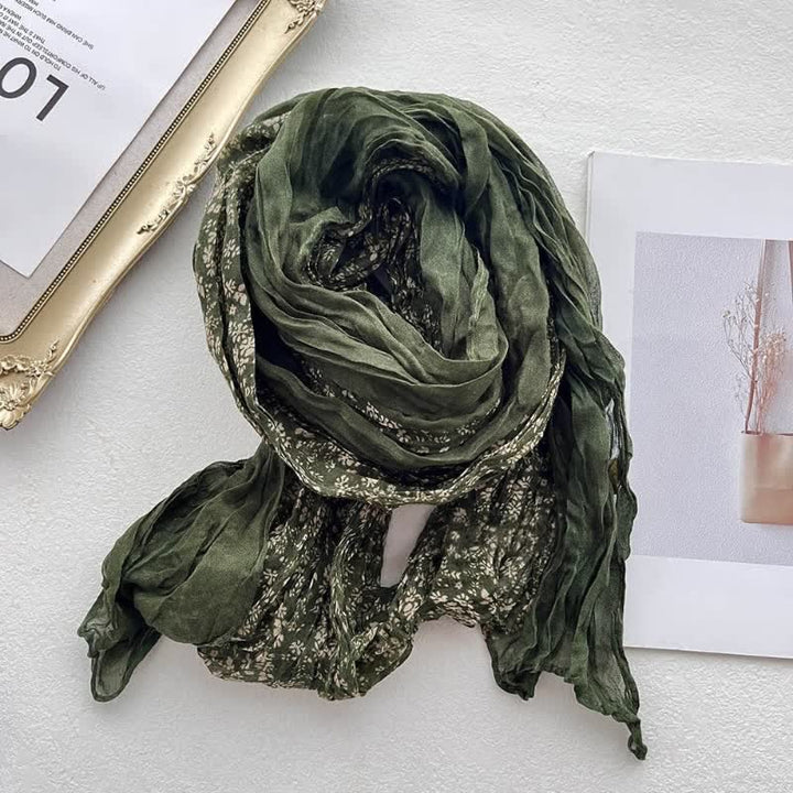 Women's Artistic Floral Pleats Cotton Linen Thin Scarf - Green - image 7