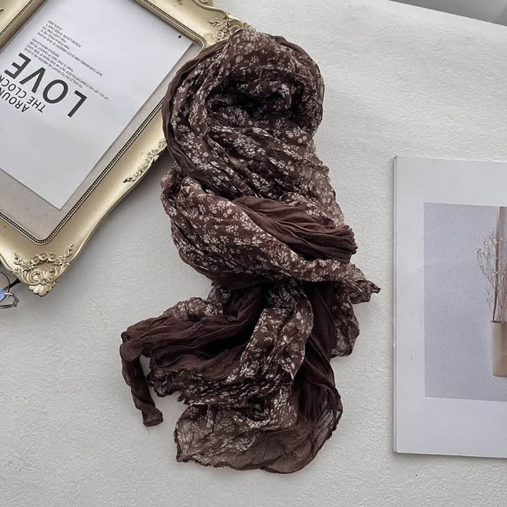 Women's Artistic Floral Pleats Cotton Linen Thin Scarf - Coffee - image 4