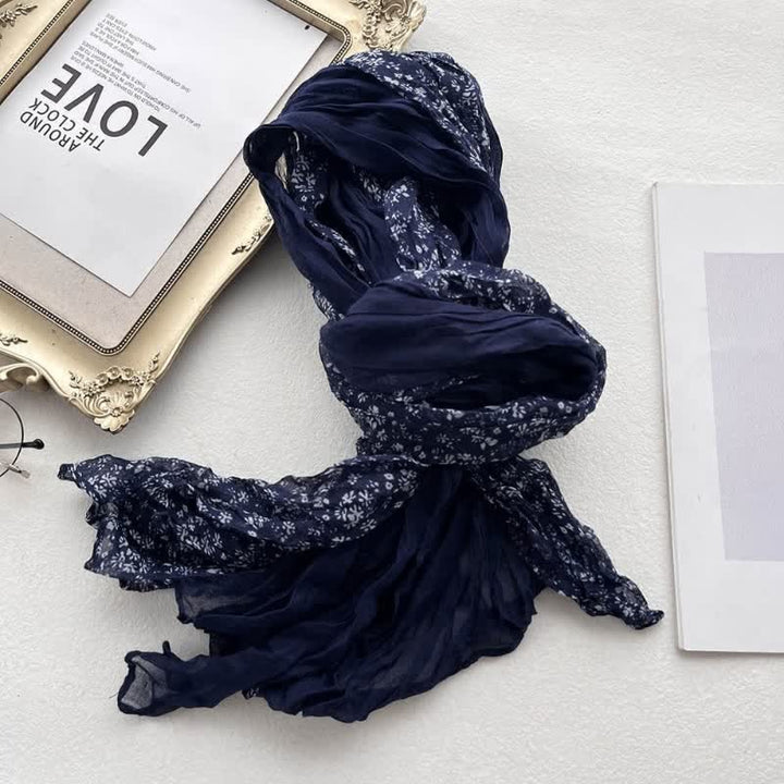 Women's Artistic Floral Pleats Cotton Linen Thin Scarf - Navy - image 2