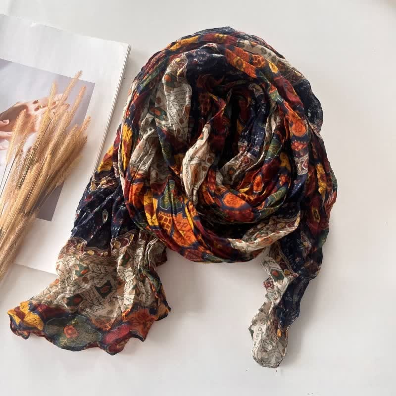 Women's Ethnic Style Pleated Cotton Linen Thin Autumn Scarf - Orange - image 0