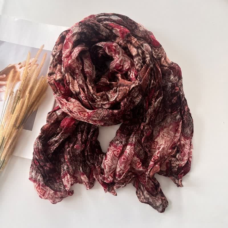 Women's Ethnic Style Pleated Cotton Linen Thin Autumn Scarf - Red - image 3