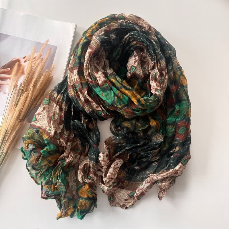 Women's Ethnic Style Pleated Cotton Linen Thin Autumn Scarf - Green - image 2
