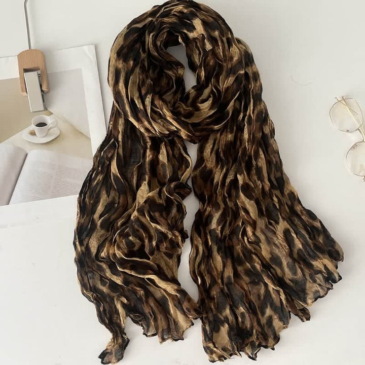 Women's Leopard Print Pleated Cotton Linen Thin Autumn Scarf - Brown - image 0