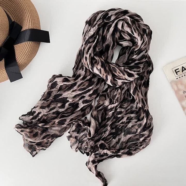 Women's Leopard Print Pleated Cotton Linen Thin Autumn Scarf - Khaki - image 9