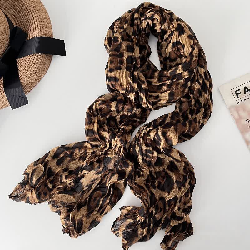 Women's Leopard Print Pleated Cotton Linen Thin Autumn Scarf
