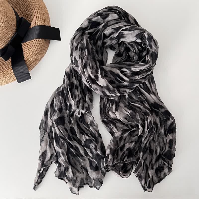 Women's Leopard Print Pleated Cotton Linen Thin Autumn Scarf - Gray - image 6