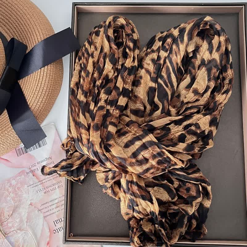 Women's Leopard Print Pleated Cotton Linen Thin Autumn Scarf