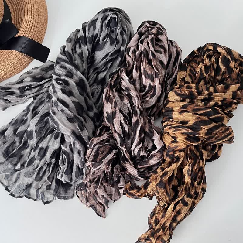 Women's Leopard Print Pleated Cotton Linen Thin Autumn Scarf - image 1