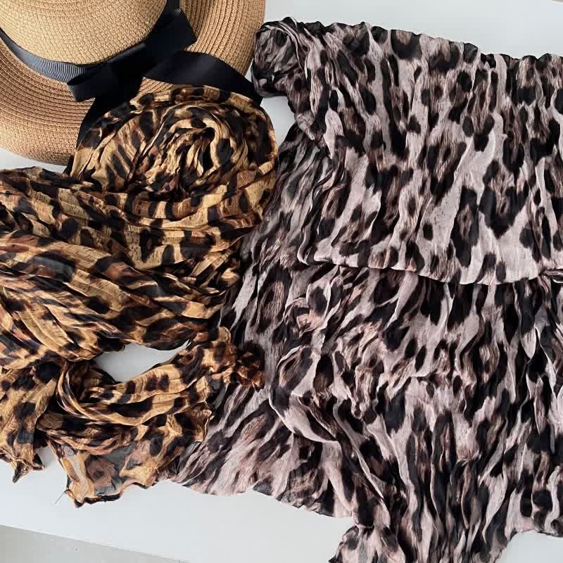 Women's Leopard Print Pleated Cotton Linen Thin Autumn Scarf