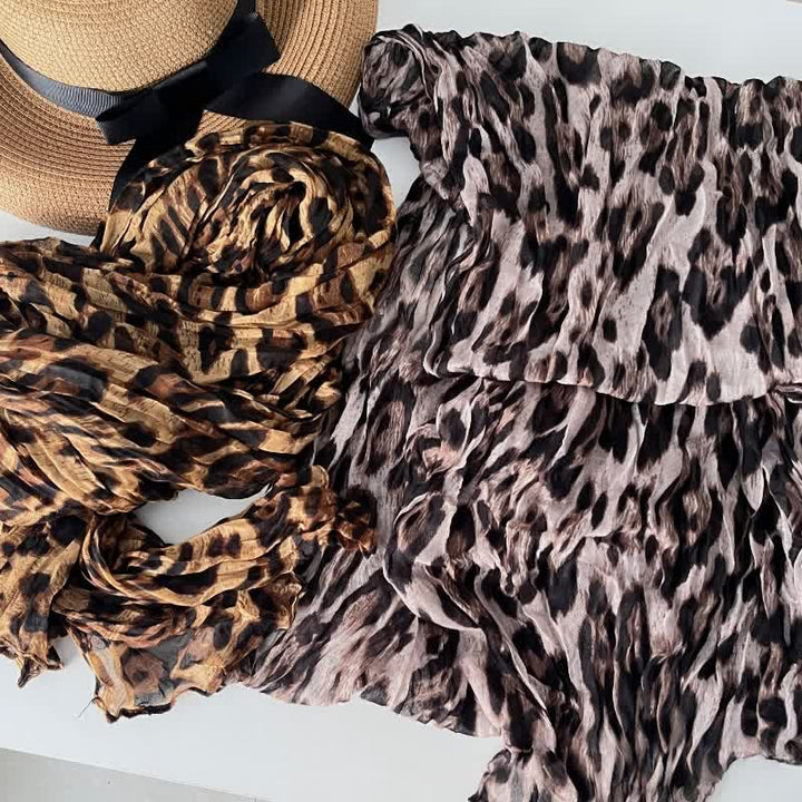 Women's Leopard Print Pleated Cotton Linen Thin Autumn Scarf