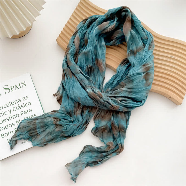 Women's Hand Tie-Dye Pleated Thin Long Scarf - Dark Cyan - image 10