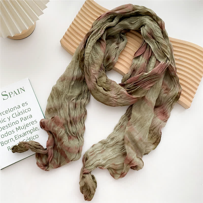 Women's Hand Tie-Dye Pleated Thin Long Scarf - Green - image 6