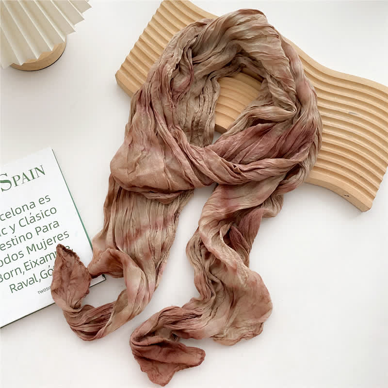Women's Hand Tie-Dye Pleated Thin Long Scarf - Khaki - image 4