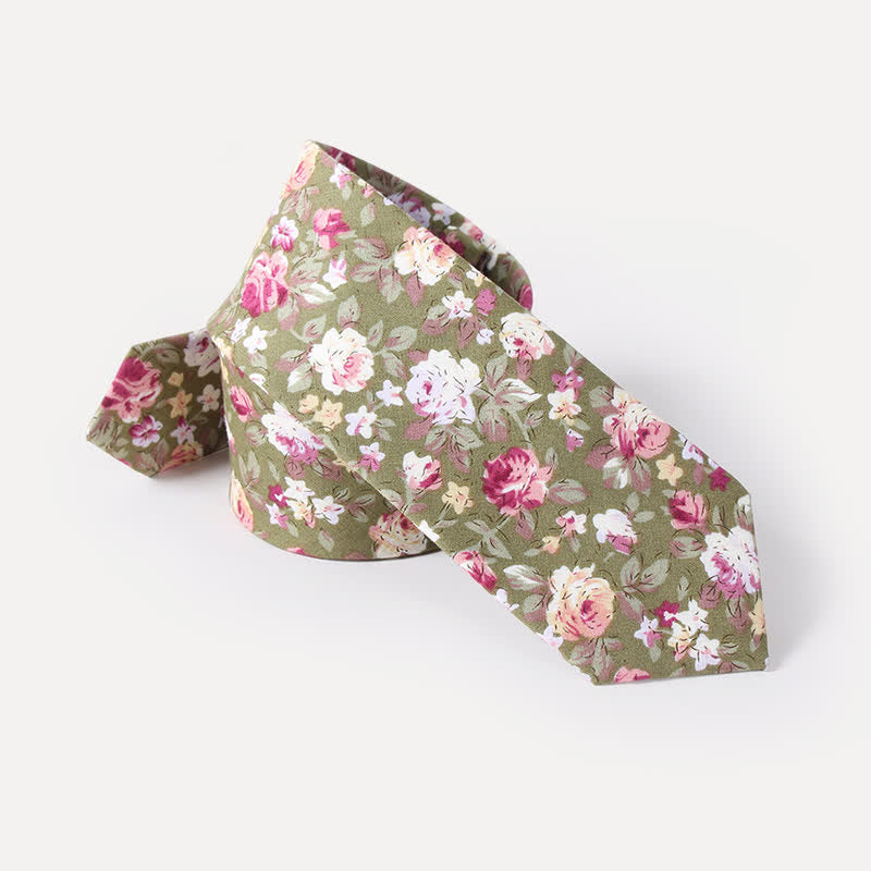 Men's Cute Fresh Flower Pattern Cotton Necktie - Olive Green - image 3