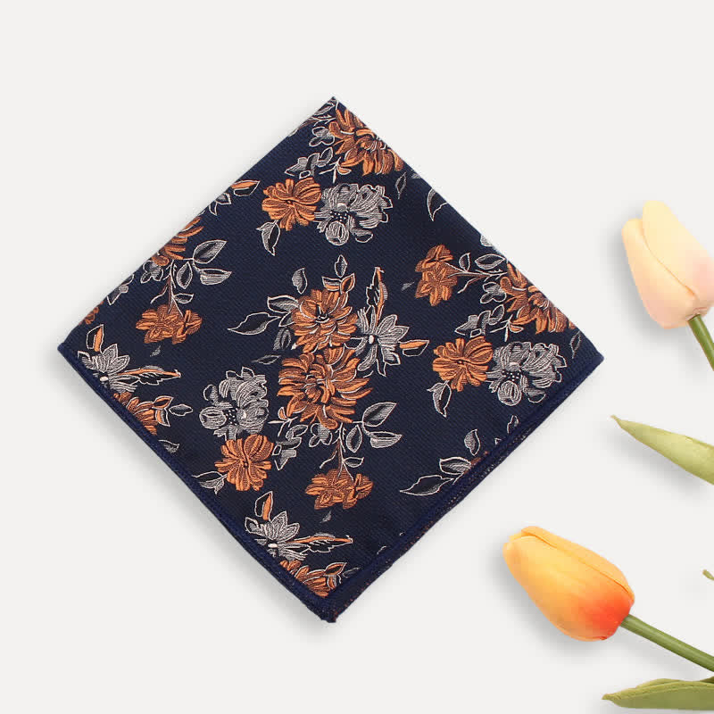 Men's Chrysanthemum Floral Casual Wear Necktie - Navy - Pocket Square - image 1
