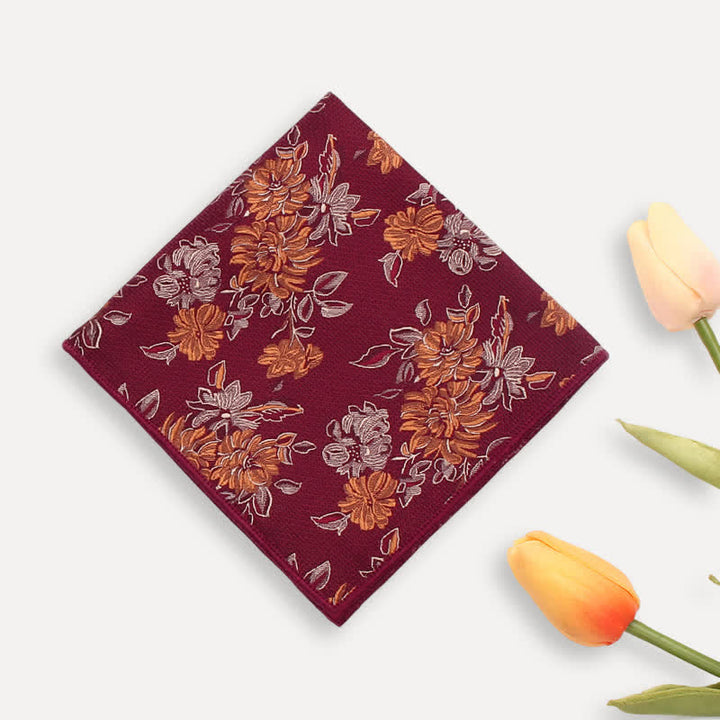 Men's Chrysanthemum Floral Casual Wear Necktie - Burgundy - Pocket Square - image 3