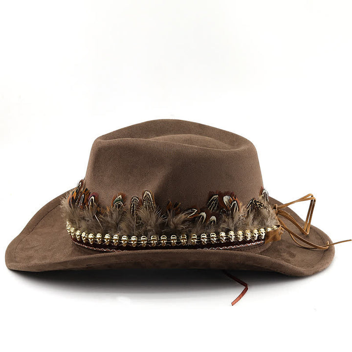 Ethnic Decorative Feather Band Suede Cowboy Hat
